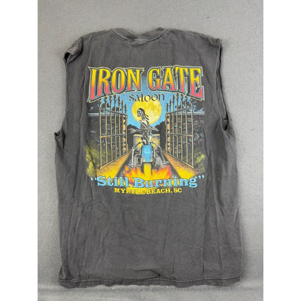 VTG Y2K Hanes Mens Charcoal Gray Sleeveless T-Shirt Iron Gate Saloon Graphic L